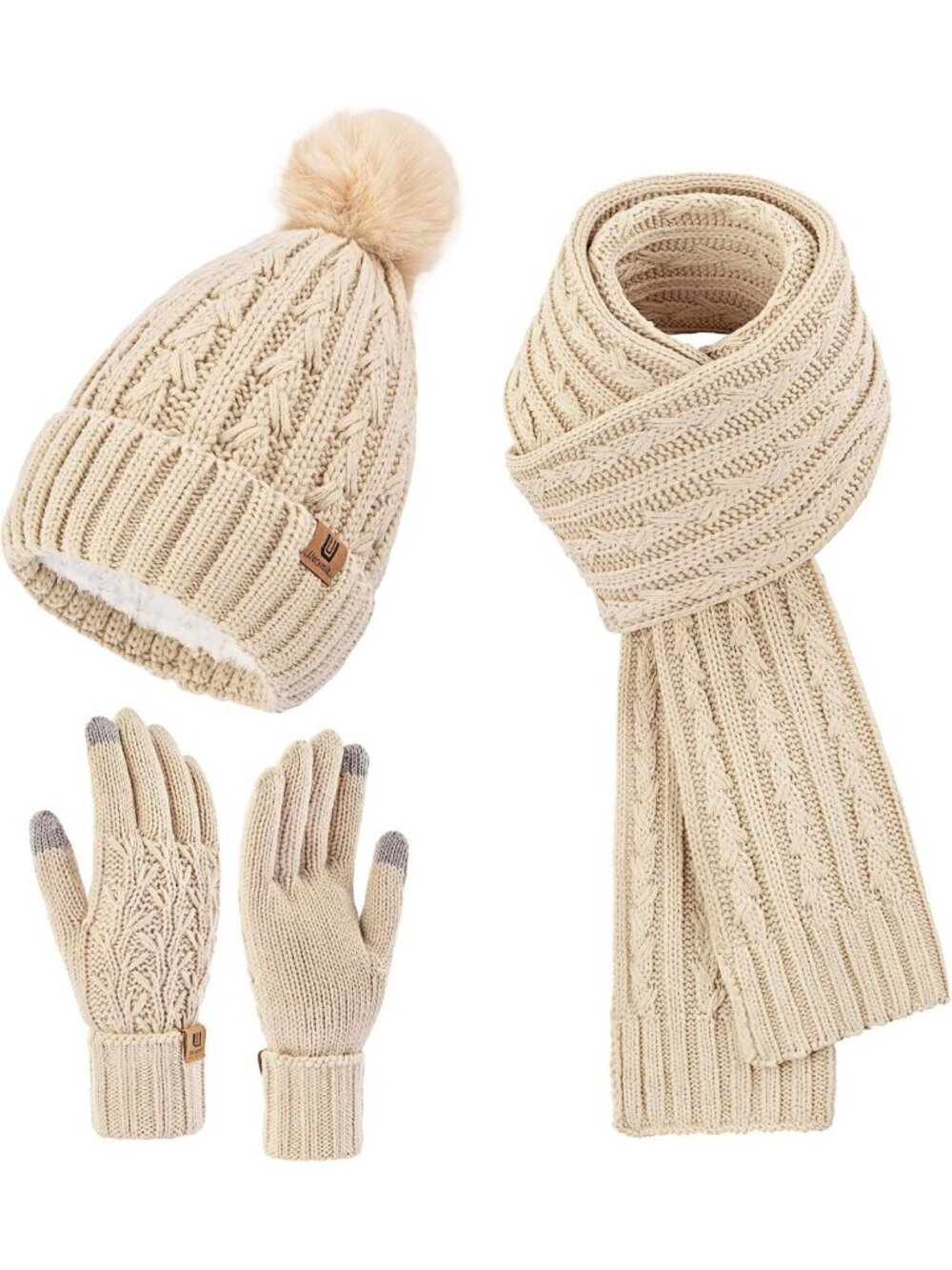 Cozy Winter Beanie Hat, Long Scarf & Touchscreen Gloves Set - Fleece Lined